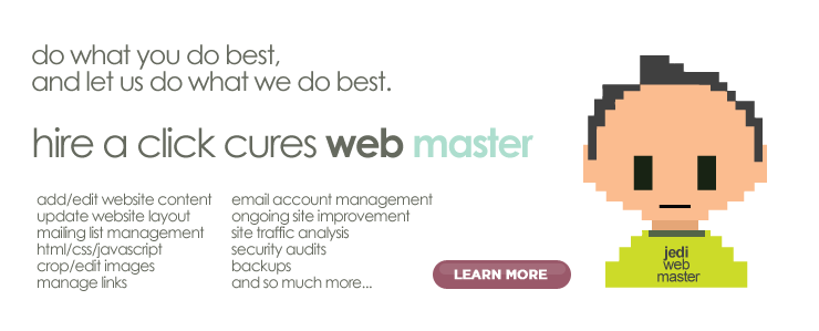 Do what you do best and let us do what we do best. Hire a Click Cures webmaster.